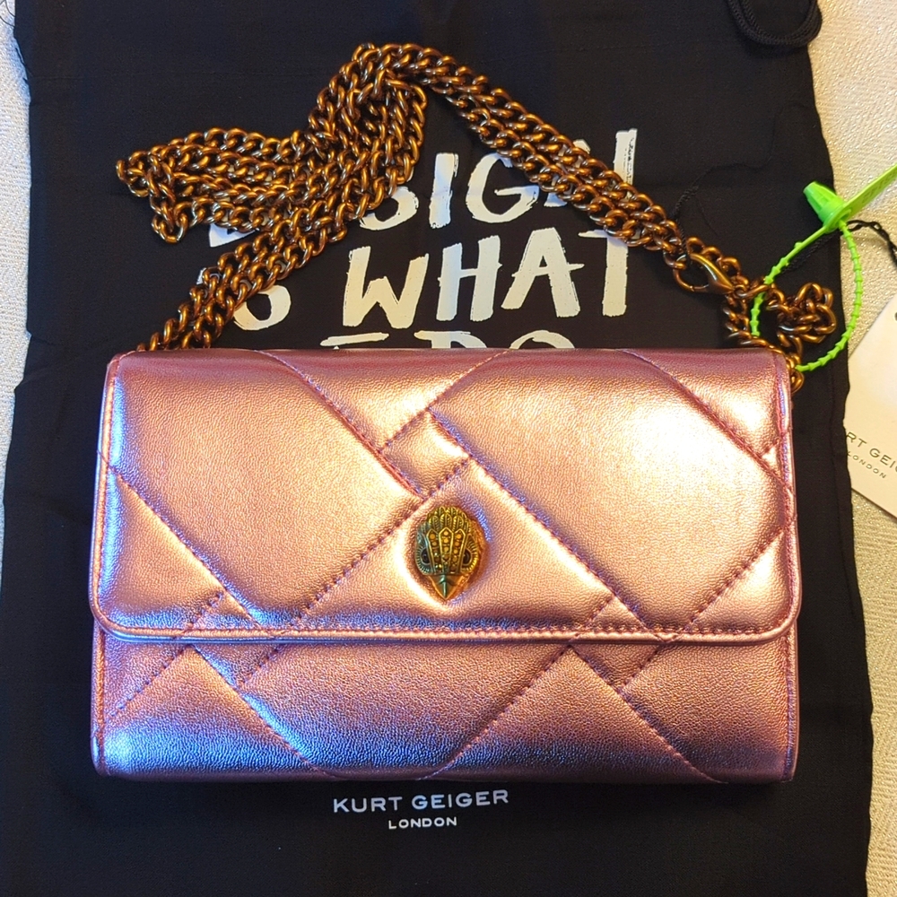 KURT GEIGER Kensington quilt LEATHER Wallet on chain METALLIC PALE PINK